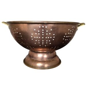Vintage 11in Copper Colander Silver Tone Interior Brass Handles Korea